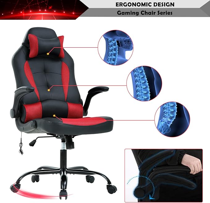 Gaming Chair Ergonomic Video Game Chair Computer High Back Office Desk Chair with Lumbar Support Adjustable Swivel Reclining Rolling PU Leather Game Chairs (Red and Black)