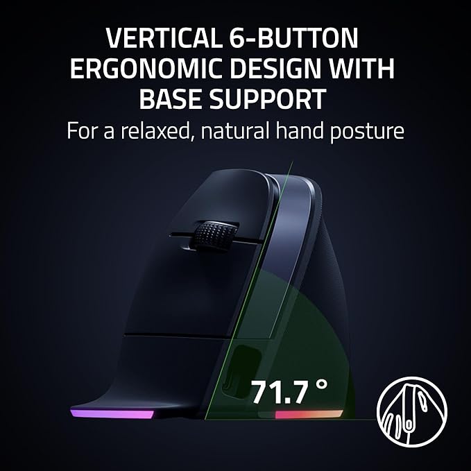 Razer Pro Click V2 Vertical Wireless Mouse: 6 Button Ergonomic Design - One Click AI Prompt - Supports Windows &amp Mac - Multi Device Connectivity via 2.4GHz Bluetooth or USB C Wired Mode - Chroma