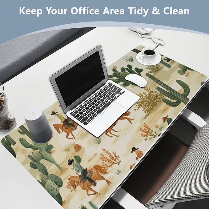 Mouse Pad Desk Mat Leather Desk Pad Large Gaming Desk Cover Protector Mat for Keyboard Computer Laptop Office Waterproof 47.2 x 23.6 Inch Cute Cacti Desert Cowboys Horses