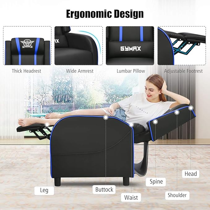 Gaming Recliner Movie Theater Chair w/Adjustable Backrest &amp Footrest Massage Lumbar Pillow Racing Single Sofa PU Leather Reclining Chair for Gaming Room Home Theater (Blue)