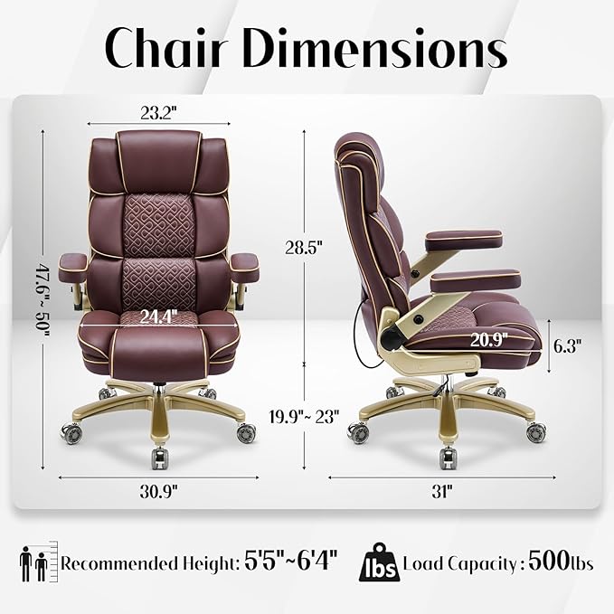 Heavy Duty Executive Leather Chair Big and Tall Office Chair 500lbs with 5D Flip-up Armrests Comfortable Seat Adjustable Lumbar High Back Large Computer Desk Chair for Home Office Brown