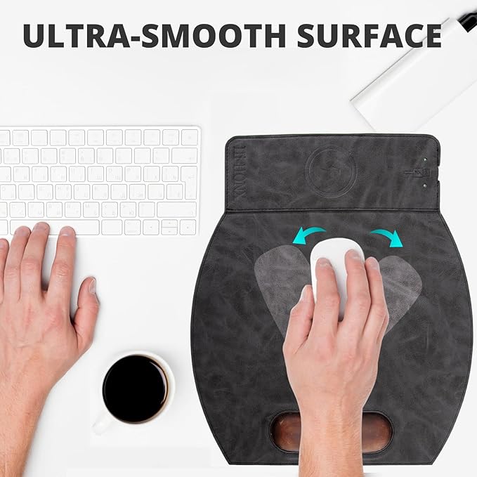Magnetic Wireless Charging Mouse Pad with Ergonomic Design Mousepad with Wrist Support Foldable Mousepad with Wrist Rest for Computer Laptop Office &amp Home 14 x 12.1 in Grey