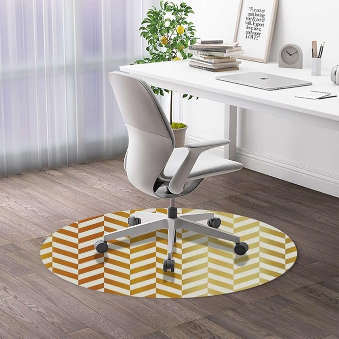 Yellow White PU Leather Office Chair Mat for Hardwood Floors Desk Carpet Retro Abstract Stripe of Triangles Geometry Anti-Slip Multi-Purpose Low Pile Computer Chair Mat Coral Diameter 55 in