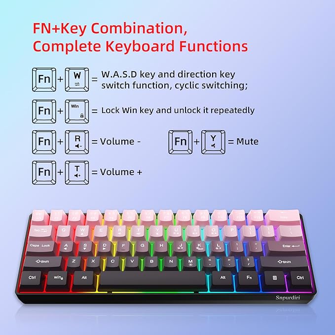 Snpurdiri 60% Wired Gaming Keyboard 61 Keys RGB Backlit Ultra-Compact Small Gaming Keyboard for PC/Mac Gamer Typist Travel Easy to Carry on Business Trip (Pink-Black)