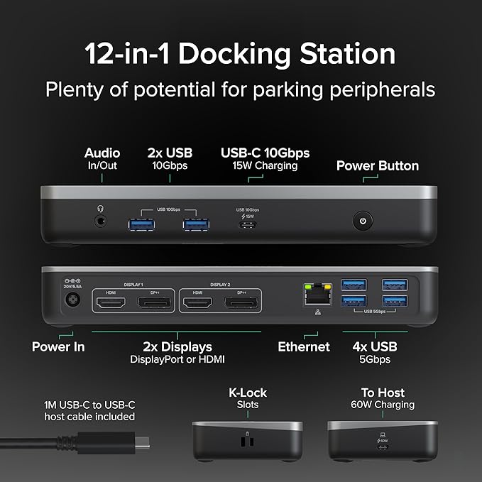 Plugable 12-in-1 Dual 4K USB C Docking Station Works With Chromebook Certified Driverless 60W Charging Dock Compatible with ChromeOS and Windows 2x HDMI 2x DisplayPort Ethernet 1x USB-C 6x USB