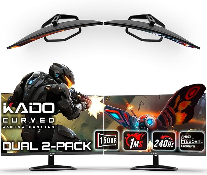 Kado 27 Class Dual Gaming Monitor Setup - 2-Pack 27 Curved 1500R 240Hz 1ms 1920x1080 Computer Monitor Parallel Gaming AMD FreeSync Premium Panoramic VESA Mount HDMI DisplayPort Built-in Speakers