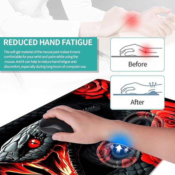 Keyboard Mouse Pad Set Extended Gaming Mouse Pad+Ergonomics Keyboard Wrist Rest Support Memory Foam Easy Typing Pain Relief 4Pcs XL Ultra Thick Desk MatSnake Roses and Fiery Mouth