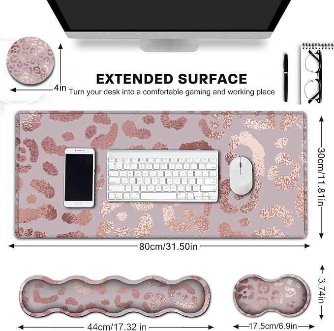 Rose Gold Leopard Pink XXL Mouse Mat - 31.5x11.8in Waterproof Gaming Mouse Pad with Ergonomic Memory Foam Wrist Rest Support for Home Office