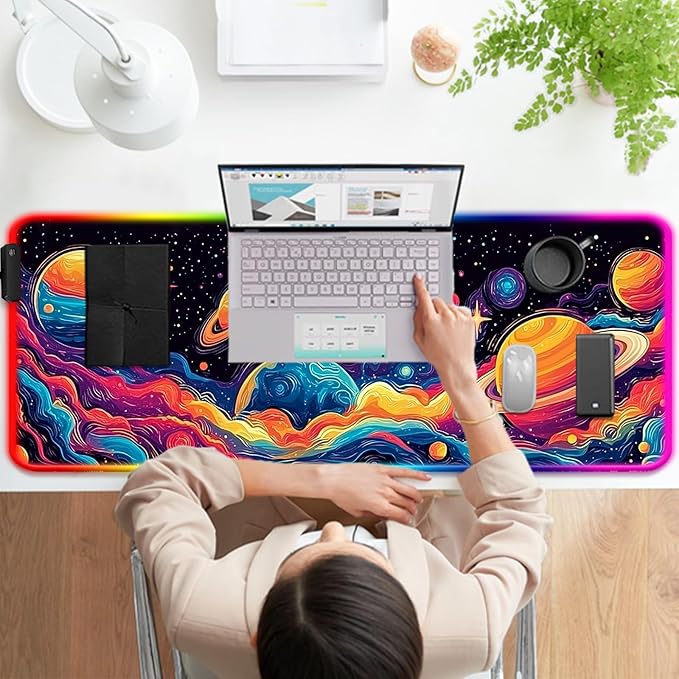 RGB Fantasy Space Planet Gaming Desk Mat Computer Keyboard Large Extended Long Boy LED Mouse Pad for Office and Home XL (W09)