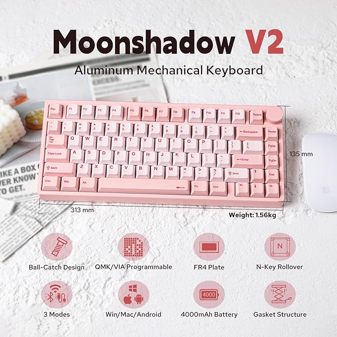 KiiBoom Moonshadow V2 75% Wireless Aluminum Gaming Keyboard QMK&ampVIA Programmable BT5.0/2.4GHz/USB-C Hot-Swappable Creamy Mechanical Keyboard with FR4 Plate Knob 4000mAh Battery (Pink)