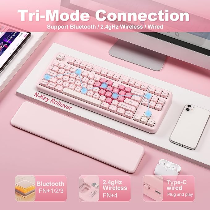YUNZII B87 Wireless Mechanical KeyboardQMK/VIA ProgrammableTKL Layout 87 KeysBT/2.4G/USB-CHot Swap Gasket Mount RGB Backlit Gaming with Wrist Rest for Win/Mac (Pink Milk V2)