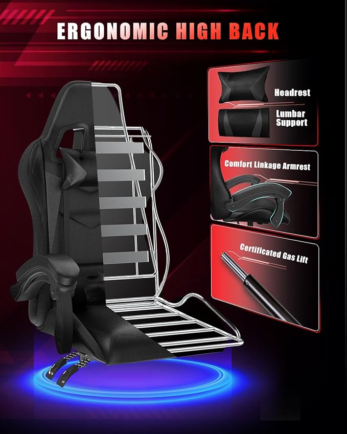 Gaming Chair with RGB LED Lights Ergonomic Computer Chair with Headrest and Lumbar Support PU Leather High Back Height Adjustable Swivel Video Game Chairs for Adults(Black)