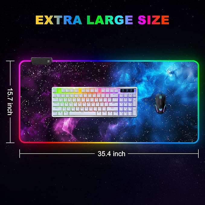 ARTSO RGB Mouse Pad LedXXL Large Mouse Pad Purple Blue Starry Nebula Big Mouse mat Computer Mousepad with 14 Light Modes 35.4 x15.7 Inch Keyboard Mat