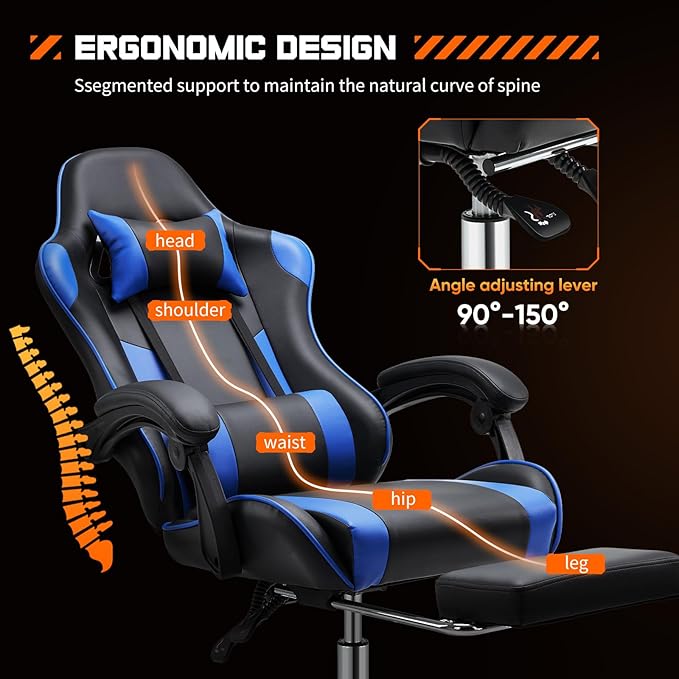 Yapamar Video Game Desk Chair - Ergonomic Computer with Footrest and Comfy Lumbar Support PU Leather Recliner with Headrest