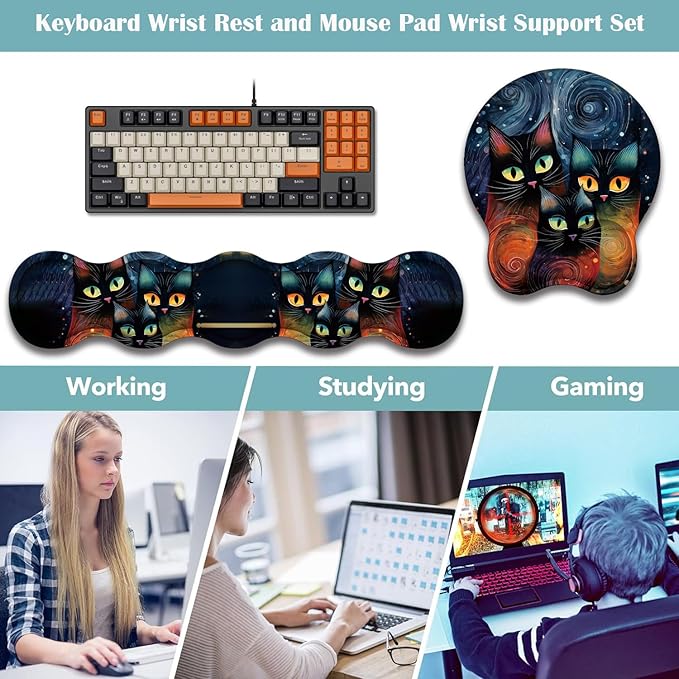 Mouse Wrist Rest and Keyboard Wrist Rest Pad+ Coaster Set Non-Slip Rubber Base Smooth Surface Ergonomic Gaming Mouse Pad for Easy Typing and Pain Relief Moon Cat