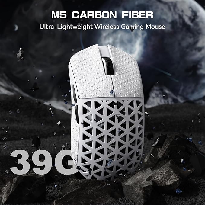 MAMBASNAKE M5 Ultra Carbon Fiber 8KHz Wireless Gaming MousePAW3950MAX Sensor 42K DPI39g Lightweight Tri-Mode 2.4GHz/BT/Wired Computer MiceWeb Driver Supportfor Win/Mac/FPS/MOBA/Esports-White (B)