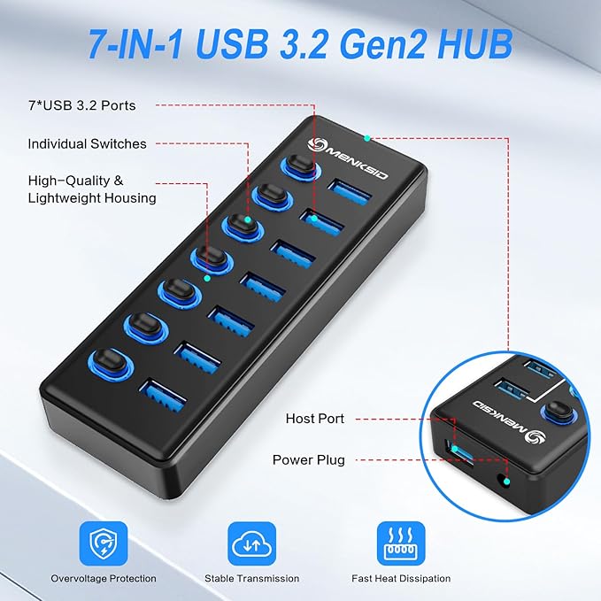 7-Port USB 3.2 Hub Data USB Hub Splitter with Individual On/Off Switches and Lights Compatible with Laptop PC MacBook Mac Pro Mac mini iMac Surface Pro and More