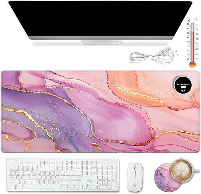 Warm Desk PadHeated Desk PadOffice Mat3 Heating Levels &amp 3 Hours Auto Shut-Off31.5*13 Gaming Mouse Laptop Keyboard Leather Desk MatPink Golden Marble