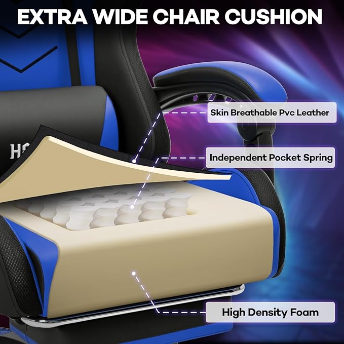 HOFFREE RGB Gaming Chair with Rhythm LED Lights and Speakers Massage Computer Chair with Footrest Music Video Game Chair High Back with Lumbar Support Blue