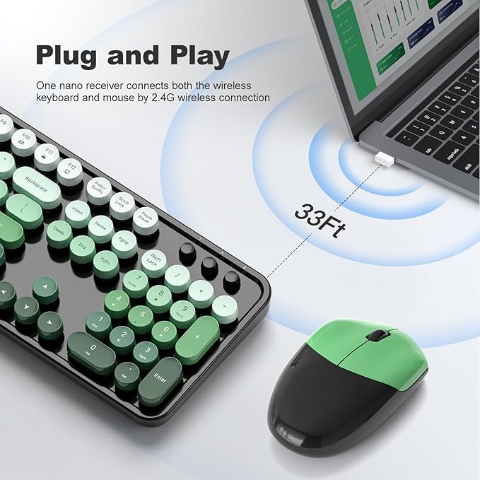 Wireless Keyboard and Mouse Combo MOWUX Full Size Typewriter Retro Round Computer Keyboard Cute Optical Mouse Wireless Plug and Play for Laptop PC Computer-Green Gradient Colorful