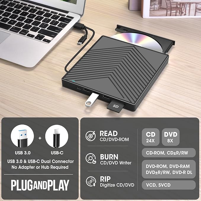 ROOFULL External CD DVD Drive Player Burner USB 3.0 &amp USB-C Portable CD/DVD-ROM +/-RW Optical Disk Drive with 4 USB Ports + 2 SD/TF Card Reader + Carrying Case for Laptop PC Windows Mac Linux Comp