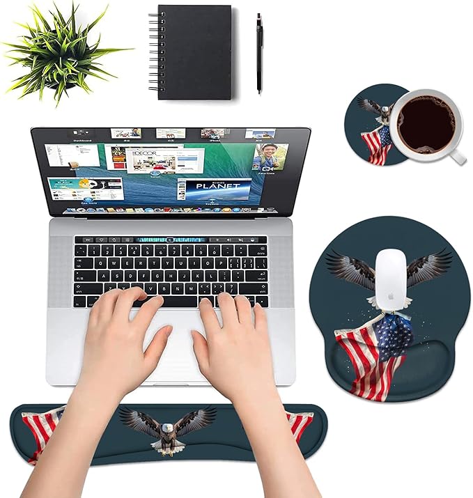 Keyboard Wrist Rest and Mouse Pad Wrist Rest Support Set with Coasters Non-Slip PU Base for Gaming and Office Comfortable &amp Lightweight for Easy Typing &amp Pain Relief American Flag Patriotic