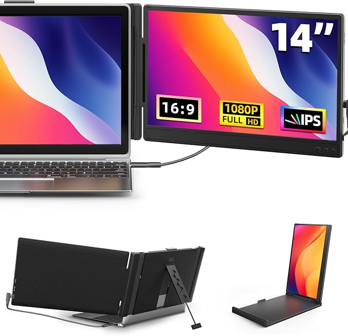 Laptop Screen Extender 14 - FHD 1080P IPS Laptop Monitor Extender Dual Screen Portable Monitor for Laptops 13-17 with USB-C/HDMI Port Built-in Speakers Plug n Play for Mac Win Android