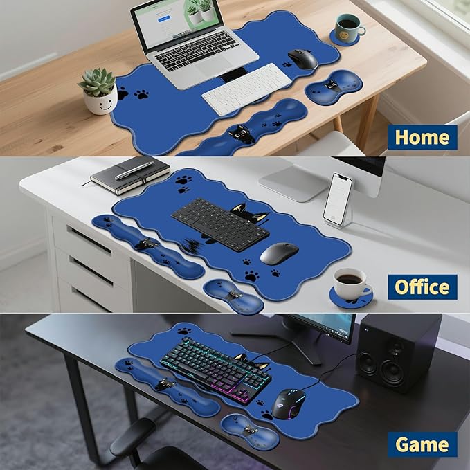 4-in-1 XXL Gaming Mouse Pad Set (31.5x11.8) with Keyboard Wrist RestMouse Wrist Support &amp CoasterNon-Slip Desk Mat for Office、Home、GamingCute Black Cat