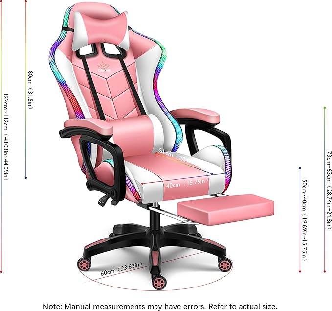 RGB Gaming Chair with Massage and Footrest Ergonomic Pro Computer Chair with LED Lights and Speakers High Back Music Video Chair with Lumbar Support and Headrest for Adult Teens. (White + Pink)