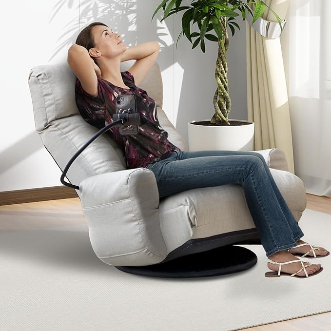 360° Swivel Floor Gaming Chair Linen Folding Lounge Sofa Chair with Adjustable Head and Waist Armrests &amp Phone Holder Padded Cushion Leisure Chairs for Living Room Bedroom (Grey)