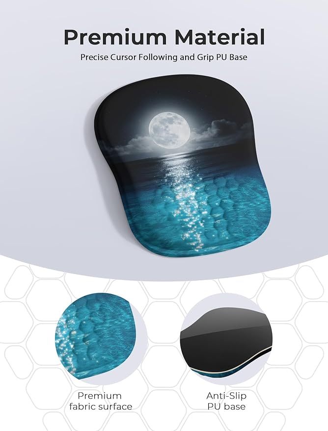 Blue Ocean and Moon Aesthetic Ergonomic Mouse Pad for Carpal Tunnel Pain Relief 65% Usable Mouse Area Memory Foam Concave Wrist Rest for Office PC Gaming