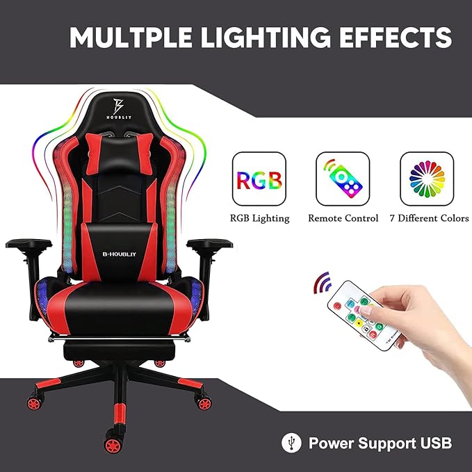 XOOFMASS Video Game Chairs for Adults PU Leather Massage Gaming Chair with Footrest 360°Swivel Gamer Chair with Speakers and RGB LED Lights Comfortable Ergonomic Computer ChairPink