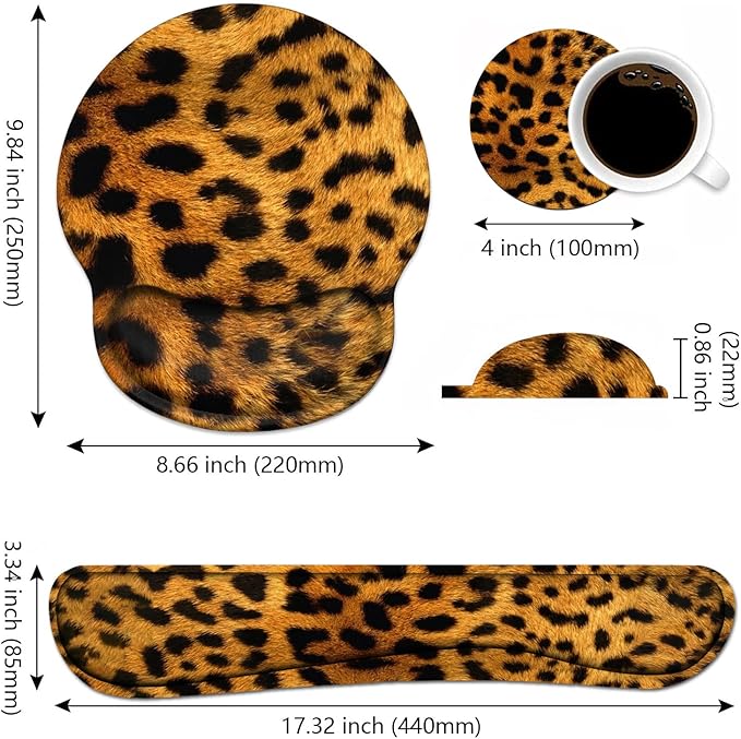 Keyboard Wrist Rest and Mouse Wrist Rest Pad Set with Coasters Ergonomic Support Non-Slip PU Base Easy Typing and Relieve Wrist Pain Perfect for Home Office Working Studying Leopard Print