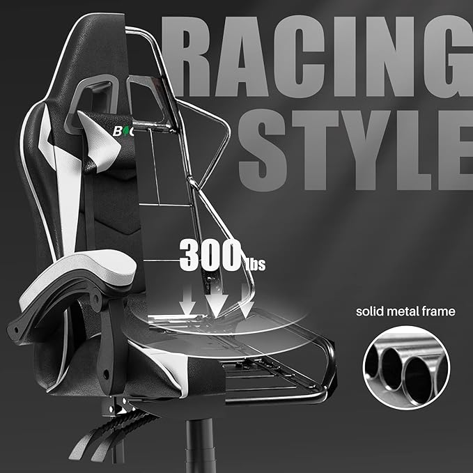 Bigzzia Gaming Chair Ergonomic Video Game Chairs with Pillow and Lumbar Support Racing Style Height Adjustable Computer Chair with 360°-Swivel Seat for Adults（White）