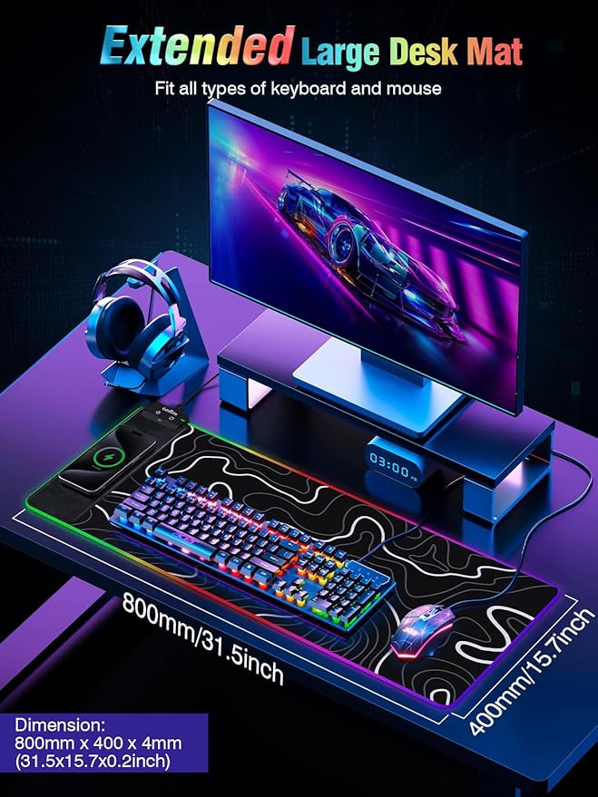 Wireless Charging RGB Gaming Mouse Pad 31.5x15.7 XXL Large Desk Mat Desk Pad for Gamer 9 Light Modes Non-Slip Rubber Base Waterproof Computer Keyboard Mat Black