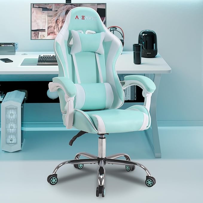 ALEAVIC Gaming Chair with Massager Fabric Gaming Chairs for Adults Ergonomic Gamer Chair with Adjustable Headrest and Lumbar Support Reclining Computer Game Chair High Back Light Blue