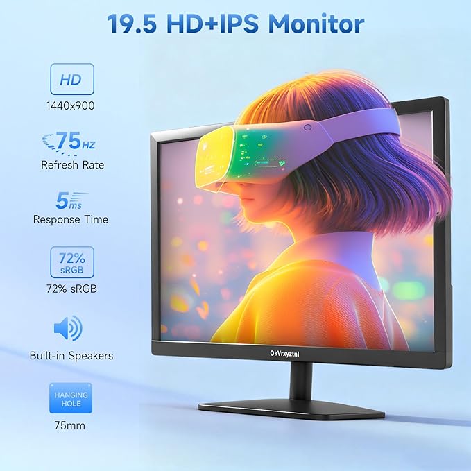 OkVrxyztnl19.5 HD 1440x900 PC Monitor 75Hz Refresh Rate 5ms Built-in Speaker HDMI x1 VGAx1 Mounting Suitable for laptops Office Computers and desktops