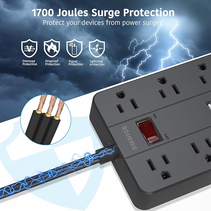 10 Ft Extension Cord Surge Protector SMNICE 8 Widely Spaced Outlets and 6 USB (1 USB C) Charging Ports Flat Plug Power Strip Desktop Power Cord for Travel Home Office Accessories Black