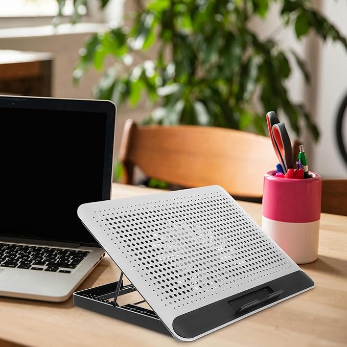 Aluminum Alloy Laptop Cooling Pad with Dual USB Ports Quiet Thin Notebook Cooler Stand for Laptops Up to Ergonomic Angles Skid-Resistant Computer Fan Support Frame in Silver