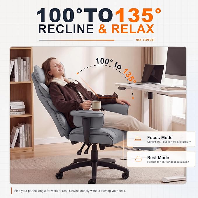 Dowinx Big and Tall Office Chair with Pocket Spring CushionHigh Back Computer Gaming Chairs with Adjustable Armrests and Lumbar SupportExecutive Desk Chairs with Footrest(PU LeatherGrey)