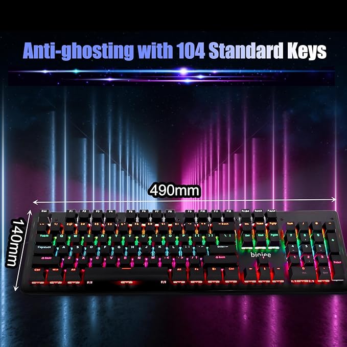 Estink Wired Mechanical Keyboard 104-Key Real Mechanical Gaming Keyboard Rainbow Backlit Keyboard Ergonomic Design USB Wired Keyboard for Wins PC Laptop for Game and Office (Brown