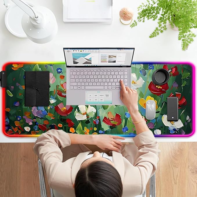 RGB Abstract Green Wildflower Gaming Desk Mat Computer Keyboard Large Extended Long Floral LED Mouse Pad for Office and Home XL (W23)