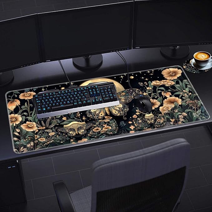 Keyboard Wrist Rest SetMemory Foam Wrist Support Mouse Pad31.5x11.8 Desk Mat for Comfortable Typing &amp Pain ReliefNon-Slip Base for Office &amp Home Use - Flower Butterfly Moon