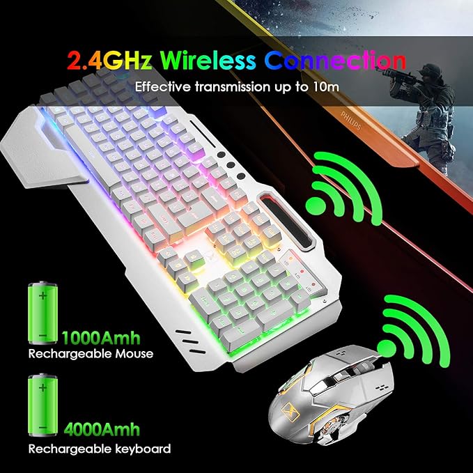 Wireless Gaming Keyboard and MouseRGB Backlit Rechargeable Keyboard Mouse with 5000mAh Battery Metal PanelRemovable Hand Rest Mechanical Feel Keyboard and 7 Color Gaming Mute Mouse for PC Gamers