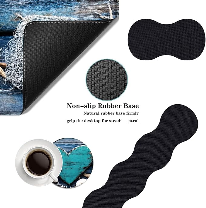 Mouse PadLarge Desk Mat Set 4in1 XL Mousepad + Keyboard Wrist Rest+Mouse Wrist Rest+Coaster with Ergonomic Desk Pad for Home Office Table Computer Cover -Rustic Beach Heart Seashells