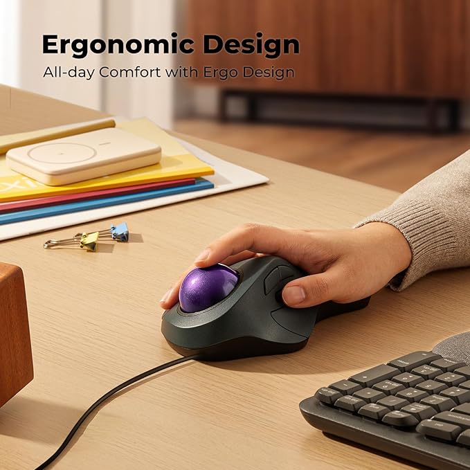 Wired Trackball Mouse for Large Hands Ergonomic Design Reduces Wrist &amp Muscle Strain Precision Tracking with Easy Index Finger Control Compatible with PC Laptop Windows Mac Purple
