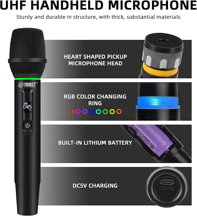 Dual Wireless Handheld Microphone System with RGB Lights 2.4G Stable Transmission 99 Channels Heart-Shaped Pickup for Karaoke Stage Performance Vocal Concert
