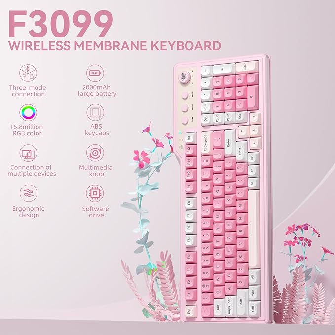 Aula F3099 Wireless Keyboard with Media Knob Tri-Mode BT5.0/2.4GHz/USB-C Cute Creamy Keyboard with Number Pad RGB Backlit Gaming Keyboard Quiet Typing Pink Computer Keyboards for Office Laptop/PC