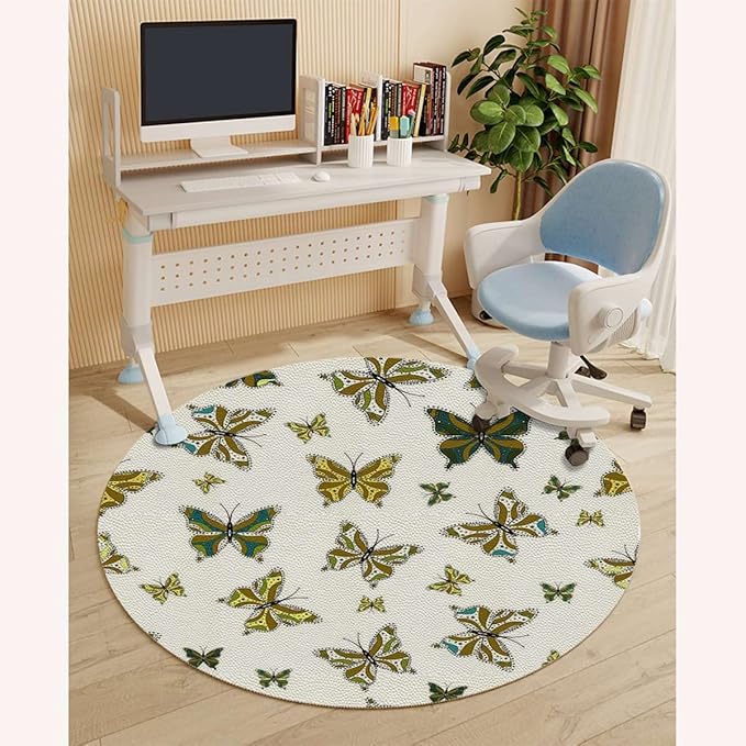 Brown Blue PU Leather Gaming Chair Mat Chair Mat for Hardwood Floor Butterfly in Watercolor Modern Minimalist Design Round Floor Mats for Office Chair Computer Desk Anti Slip Moth Diameter 47.2 in