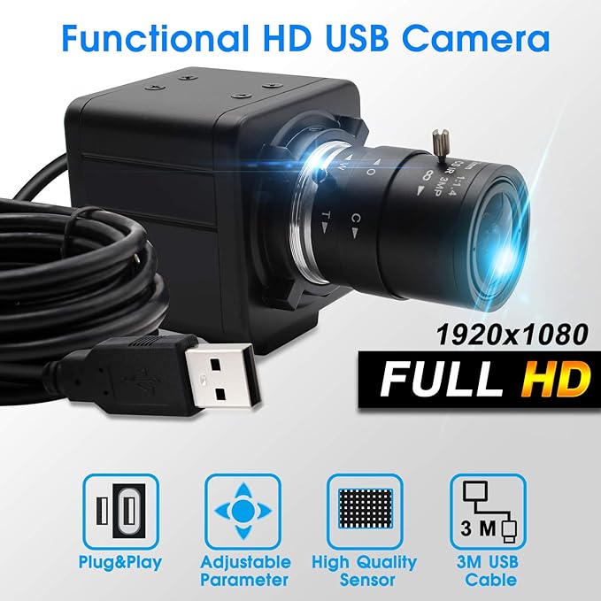 2MP Webcam 2.8-12mm Varifocal Lens Webcamera VGA High Speed 100fps 1080P USB Camera for Industrial HD Web Camera with CMOS OV2710 Sensor for Video Conference